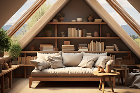 Immerse yourself in the cozy allure of Scandinavian designâa rustic sofa complements a book-filled shelving unit in a contemporary attic living room adorned with skylights.の素材
