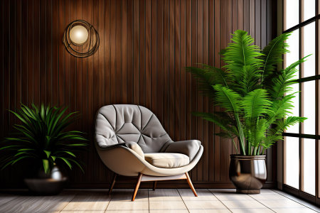Transport yourself to the sophistication of mid-century designâa lounge chair finds its place amidst wood paneling and lush potted houseplants in a modern living room.の素材