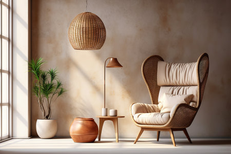Dive into the world of minimalist splendorâa modern living room graced by an exquisite decorative clay vase featuring a delicate twig, resting thoughtfully on a table, all set against the backdrop of a soothing window. This composition offers an inviting home decor background with ample copy space, epitomizing the essence of modern interior design.の素材