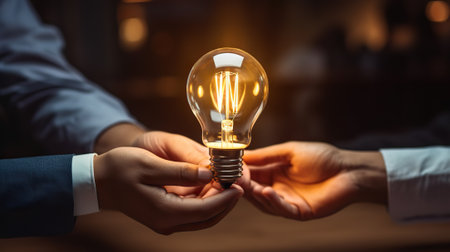 This powerful image captures a moment of innovation in the workplace. A business professional holds a glowing light bulb, symbolizing the birth of a new idea. In the background, a diverse group of colleagues collaborates, representing the essence of teamwork, brainstorming, and meticulous planning in the world of business. This image embodies the concept of a dream team transforming ideas into reality.の素材