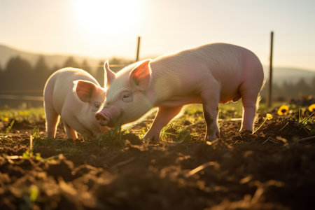 This picturesque scene captures the essence of sustainable and organic meat farming. Content and well-nourished, these pigs enjoy a day of grazing in a vibrant meadow. The farm's commitment to organic practices and ethical animal husbandry shines through, making it an ideal representation of responsible agriculture.の素材