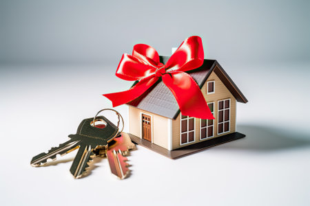 This captivating stock photograph features a symbolic representation of dreams coming true. A house model adorned with a vibrant red ribbon, symbolizing the gift of a brighter future, sits alongside a set of keys. This image captures the essence of gifting someone not just a home but the promise of a new beginning and cherished memories.の素材