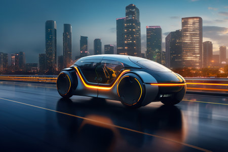 This captivating wide banner image features a cutting-edge electric vehicle (EV) and a sleek luxury sports car speeding down a highway. Both vehicles are equipped with advanced self-driving systems, illustrating the concepts of transportation autonomy and the future of mobility. The image offers ample copy space for versatile design and messaging purposes.の素材