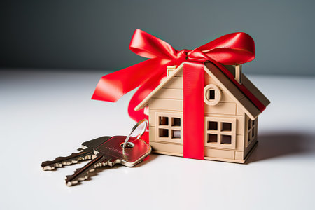 This captivating stock photograph features a symbolic representation of dreams coming true. A house model adorned with a vibrant red ribbon, symbolizing the gift of a brighter future, sits alongside a set of keys. This image captures the essence of gifting someone not just a home but the promise of a new beginning and cherished memories.の素材