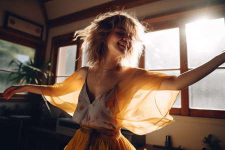 This captivating captures a beautiful moment of unrestrained expression. A young woman, bathed in the warm light of her home, dances with abandon, radiating freedom and vitality. Her genuine celebration of emotion and personal lifestyle shines through, embodying the pure joy of living in the moment.の素材