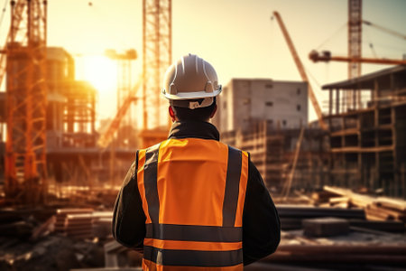 This compelling captures a construction engineer, donned in a safety helmet and orange vest, standing with a focused gaze upon a house under construction. The blurred background accentuates his presence, emphasizing his role as both a construction engineer and architect overseeing the building process. It portrays the essence of dedication, precision, and vision in shaping the future of construction.の素材