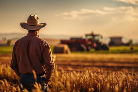 This evocative captured from behind the back of a wise American farmer, overlooking a sprawling wheat grass field. The farmer, wearing a hat, stands as the proud owner of this vast agricultural estate. In the distance, a blurred mansion serves as a powerful symbol of his dedication and success in cultivating the land.の素材