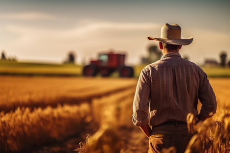 This evocative captured from behind the back of a wise American farmer, overlooking a sprawling wheat grass field. The farmer, wearing a hat, stands as the proud owner of this vast agricultural estate. In the distance, a blurred mansion serves as a powerful symbol of his dedication and success in cultivating the land.の素材