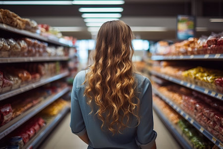 This dynamic offers a unique perspective from behind a vibrant young American woman as she embarks on a grocery shopping adventure in a bustling supermarket. The image captures her journey through the store, carefully selecting and buying an array of groceries and food products. It conveys the excitement and choices one encounters while shopping for essential items.の素材