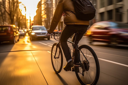 This captivating encapsulates the joy of urban cycling as a young American man pedals his bicycle along a city road during the golden hour of the day. The blurred cityscape in the background adds a sense of motion and adventure to the image.の素材