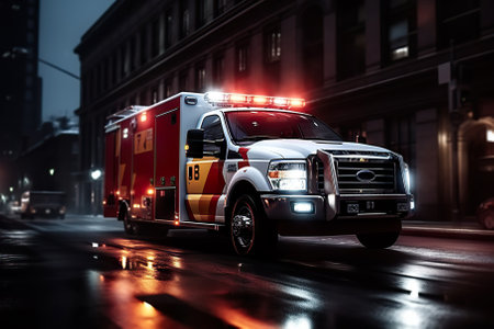 This gripping portrays a crucial medical situation unfolding at night. An emergency ambulance, marked by its distinctive red lights, races through city roads, swiftly reaching those in need of urgent medical assistance.の素材
