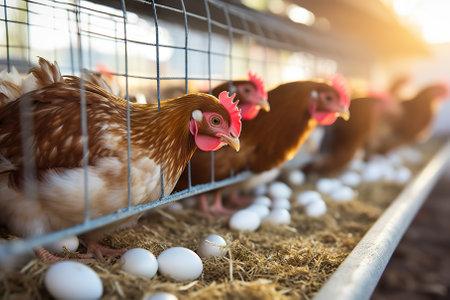 This captivating paints a serene scene of farm life, portraying a hen and a group of chickens relishing their meal amidst the rustic charm of a farmyard. Highlighted are also fresh chicken eggs, adding to the essence of agricultural tranquility.の素材