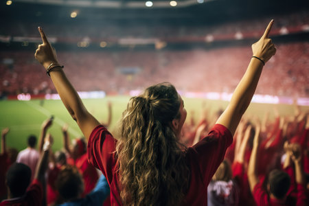 This captures the electrifying moment of a female sports enthusiast deeply engrossed in a soccer match. Her intense cheering and jubilation amidst a lively crowd epitomize the thrill of victory and the pure joy of sports.の素材