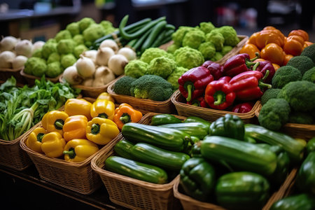 This captivating stock photograph showcases a rich assortment of fresh, organic, and ripe vegetables displayed at a local grocery shop. The image epitomizes an abundance of healthy choices and promotes nutritious eating.の素材