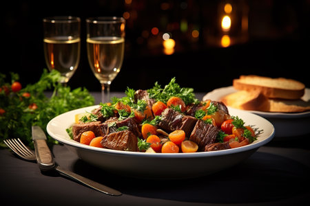 This captivating encapsulates the essence of a delightful gastronomic experience - a hearty, best-ever beef stew served in a charming, festive atmosphere.の素材