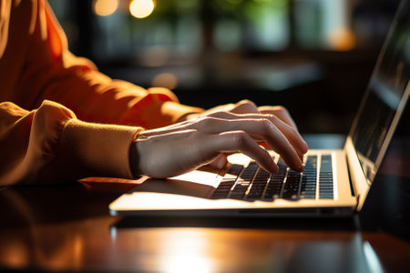 This captivating close-up image portrays the essence of modern productivity, showcasing human hands in action as they type swiftly on a laptop keyboard, symbolizing efficiency and digital engagement."の素材