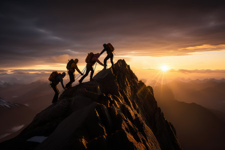 This empowering image depicts a cohesive team of mountain climbers persevering together, offering mutual aid and determination to conquer the challenges on their ascent towards the mountain summit.の素材
