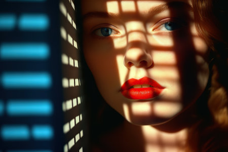 This alluring close-up portrait showcases a captivating woman with striking blue eyes and bold red lips, basking in a play of mesmerizing light and shadows.の素材