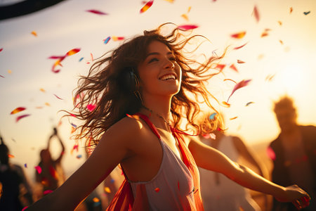 This vibrant image encapsulates the euphoria and jubilation of a young woman fully immersed in the lively ambiance of a music festival, celebrating freedom and joy.の素材