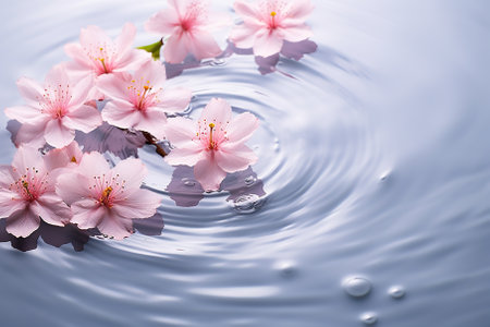 This captivating presents a calming water background adorned with a delicate aqua texture, gentle ripples, ethereal flower shadows, and the play of sunlight. Perfectly suited for conveying a serene spa and cosmetic concept.の素材