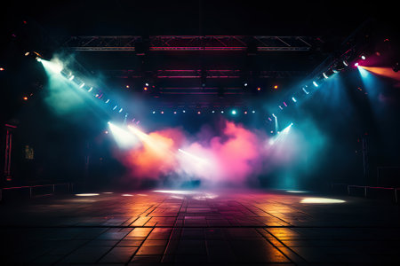 This dynamic captures the lively atmosphere of a retro disco dance floor. An empty night club stage comes to life under the dazzling glow of red and blue spotlights, surrounded by a scene filled with laser beams, colorful lamps, and billowing smoke.の素材