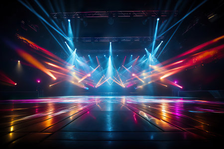 This dynamic captures the lively atmosphere of a retro disco dance floor. An empty night club stage comes to life under the dazzling glow of red and blue spotlights, surrounded by a scene filled with laser beams, colorful lamps, and billowing smoke.の素材