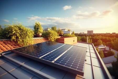 This striking showcases a new building adorned with solar panels on its roof, set against a vibrant blue sky. The image exemplifies the transition towards sustainable and clean energy solutions at home. Solar panels provide an eco-friendly power source, reducing environmental impact and embracing renewable energy.の素材
