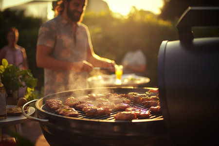 Step into the warm embrace of a serene sunset garden barbecue, where friends come together to share the simple joys of life. The garden of this welcoming house becomes a haven of laughter, delectable food, and the heartwarming companionship of dear friends.の素材