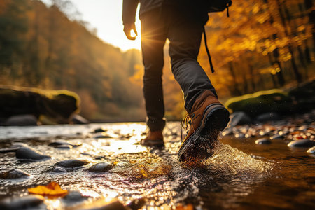 Immerse yourself in the magic of autumn as a lone adventurer, donned in sturdy hiking boots, walks along the tranquil edge of a stream. Surrounded by the warm embrace of towering trees, the scene unfolds during the golden hour at sunset, casting a mesmerizing glow over the forest.の素材