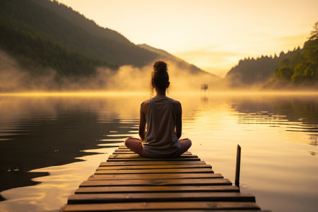 Experience tranquility as a young woman finds solace on a wooden pier by the lake, engaging in meditation to enhance her focus. The serene ambiance of nature complements her journey towards inner peace and mental clarity.の素材