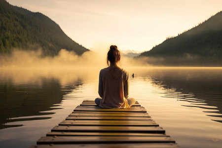 Experience tranquility as a young woman finds solace on a wooden pier by the lake, engaging in meditation to enhance her focus. The serene ambiance of nature complements her journey towards inner peace and mental clarity.の素材