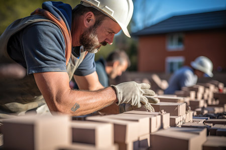 Capturing the essence of craftsmanship, a diligent construction worker, adorned in a white helmet, focuses on tasks at a private residential housing project. This image reflects professionalism and dedication in construction work.の素材