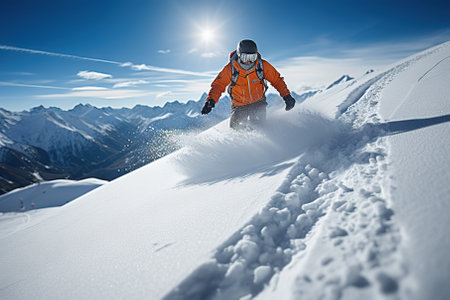 Capture the fleeting beauty of a snowboarder's dance with untouched snow, leaving behind a mesmerizing imprint on the serene alpine landscape. This stunning stock photograph evokes the thrill of winter sports and the delicate interplay between human movement and nature's pristine canvas.の素材