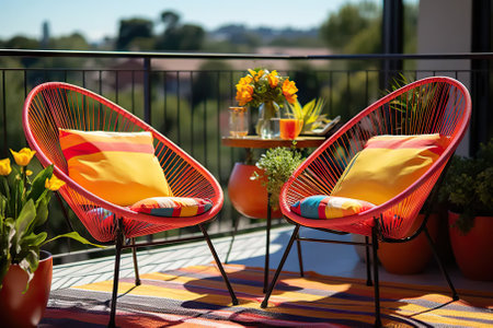 Step into a sunny, stylish, and bold color paradise with this captivating image of a balcony adorned with chic outdoors furniture, vibrant decorations, and flourishing green potted flowers. This urban oasis provides a perfect escape, blending modern aesthetics with the tranquility of nature against the dynamic city background.の素材