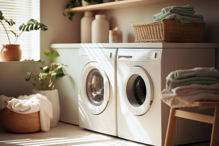 Step into a well-lit haven of cleanliness and order with this interior view of a laundry room. Equipped with a washing machine, clothes dryer, and a smartly organized shelving unit complete with a laundry box and detergents.の素材