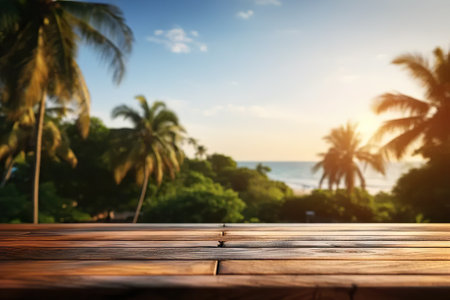 Immerse yourself in the tranquility of a sun-kissed day by the sea with this image of an empty wooden tabletop set against a blurred nature backdrop. Perfect for product advertising, the serene tableau provides ample copy space.の素材