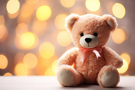 Experience the enchantment of childhood with this heartwarming image featuring an adorable toy teddy bear, sitting against a whimsical bokeh background. The delightful scene evokes nostalgia and sparks playful imaginations.の素材