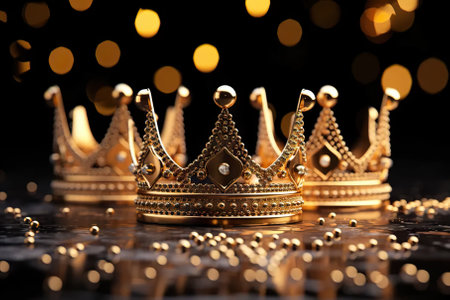 Bask in the regal glow of three gold shiny crowns adorning a festive background, creating a majestic ambiance in honor of the Three Kings Day or Epiphany night celebration. This enchanting image captures the essence of the holiday.の素材
