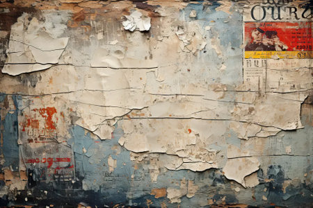 Embark on a journey through history with this evocative image, where an old wrinkled grunge torn placard newspaper forms a textured backdrop. The weathered advertising poster pieces, showcasing hues of white, pink, blue, and yellow, weave tales of the past.の素材