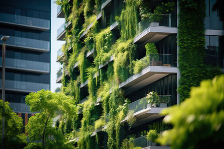 Experience the harmonious blend of nature and architecture in this captivating image of green architecture. Witness a skyscraper building adorned with plants growing on its facade, creating a vertical green oasis that breathes life and beauty into the urban environment.の素材