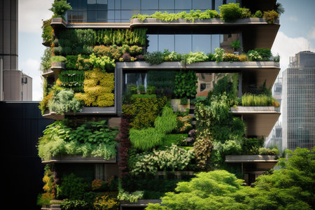 Experience the harmonious blend of nature and architecture in this captivating image of green architecture. Witness a skyscraper building adorned with plants growing on its facade, creating a vertical green oasis that breathes life and beauty into the urban environment.の素材