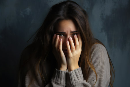 This poignant image captures a moment of vulnerability as a young woman, with long hair draped over her face, expresses deep emotion through tears and covering her face with hands. The photograph delves into the complex themes of depression, loneliness.の素材