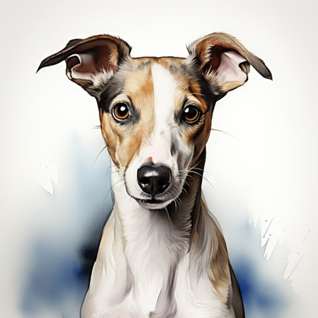 Step into the enchanting world of this adorable greyhound puppy, brought to life through a mesmerizing watercolor style. The delicate brushstrokes and soft tones beautifully capture the graceful elegance and playful sophistication of this charming canine.の素材
