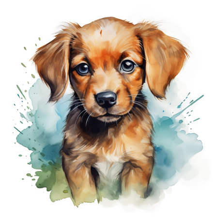 Immerse yourself in the enchanting world of this adorable puppy, beautifully captured in a captivating watercolor style. The lively brushstrokes and vibrant hues bring to life the playful energy and endearing charm of this delightful canine.の素材