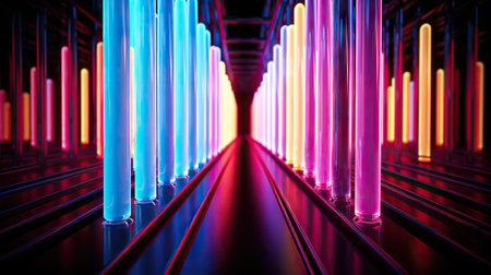 Immerse yourself in the radiant allure of this stock photo, showcasing neon glowing light tubes against a sleek black background. The vintage retro aesthetic adds a touch of nostalgic charm to this abstract vertical composition, creating a scene that exudes luminous elegance.の素材