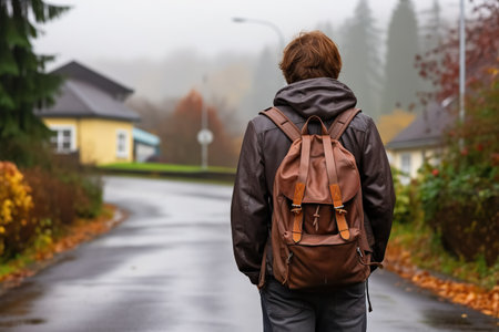 Capture the spirit of self-discovery with this evocative, featuring a young male teen or student with a brown backpack. Walking on a misty road enveloped by houses and trees, the image conveys a poignant sense of journey and solitude. The mist creates an ethereal backdrop.の素材