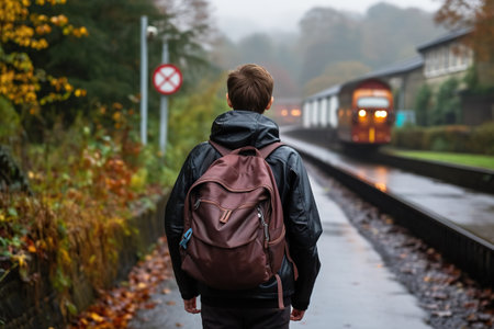 Capture the spirit of self-discovery with this evocative, featuring a young male teen or student with a brown backpack. Walking on a misty road enveloped by houses and trees, the image conveys a poignant sense of journey and solitude. The mist creates an ethereal backdrop.の素材