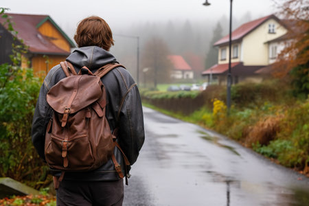 Capture the spirit of self-discovery with this evocative, featuring a young male teen or student with a brown backpack. Walking on a misty road enveloped by houses and trees, the image conveys a poignant sense of journey and solitude. The mist creates an ethereal backdrop.の素材