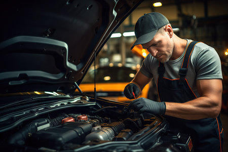 Explore the world of automotive expertise with this meticulously composed. A car mechanic, clad in an overall uniform, meticulously checks the engine under the hood in a modern and immaculate car service station workshop. The image is a visual ode to precision care.の素材