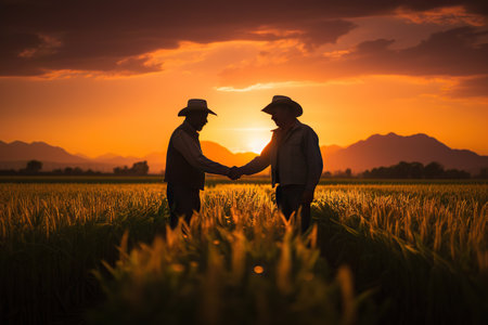 Witness the poetic union of agriculture and camaraderie with this evocative. Silhouetted farmers, standing amidst their bountiful crop field, share a handshake at the enchanting hour of sunset. "Harvest Harmony" captures the essence of a symbolic pact, as their hands meet, sealing a partnership forged through dedication and hard work.の素材